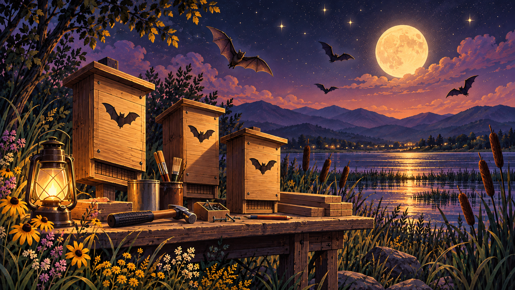 Illustrated bat box volunteer scene with finished bat houses, tools, wildflowers, and bats at dusk