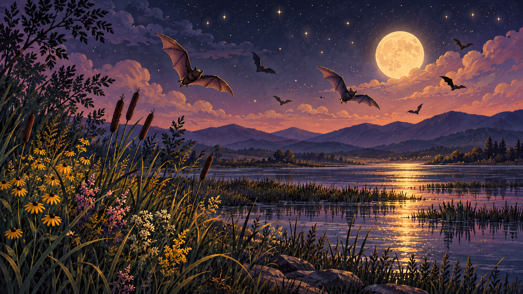 Illustrated Stansbury Park lake and wetlands at dusk with bats flying overhead