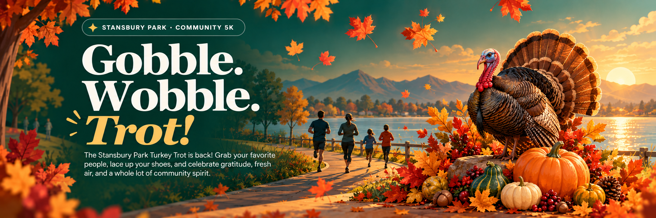 Stansbury Park Turkey Trot. Gobble, Wobble, Trot! A fall lakeside scene with runners, a turkey, autumn leaves, pumpkins, and mountains.